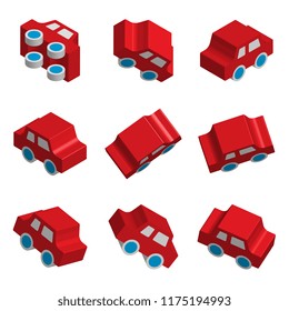 Set of 3d Isometric Toy Car Vector Icons with Various Perspective and Different Directions. Red Glossy Vehicle Symbols or Automobile Signs Collection Isolated for Traffic Regulations Illustration