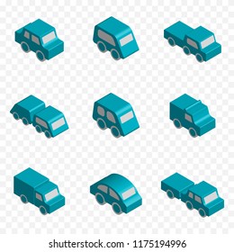 Set of 3d Isometric Toy Car Vector Icons with Various Perspective and Different Directions. Blue Glossy Vehicle Symbols or Automobile Signs Collection Isolated for Traffic Regulations Illustration