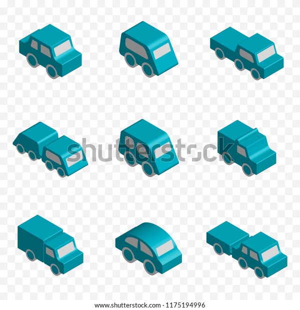 Set of 3d Isometric Toy Car Vector Icons\
with Various Perspective and Different Directions. Blue Glossy\
Vehicle Symbols or Automobile Signs Collection Isolated for Traffic\
Regulations Illustration