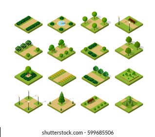 Set 3D isometric urban parks. City natural ecological landscapes of town infrastructure. Trees lawns garden paths and benches the dimensional kit of items for construction of conceptual project design