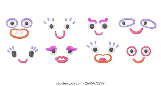 Set of 3d joyous and quirky characters emojis in plastic style. Doodle wondering eyes with smile, lips. Playful geometric shapes, funky stickers, childish comic elements. Vector illustration.