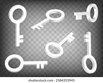 Set of 3d key on transparent background. Key 3d icon illustration with different views and angles.  Abstract concept of graphic elements for your design