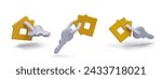 Set of 3D keys with yellow house tag. Vector object in different positions