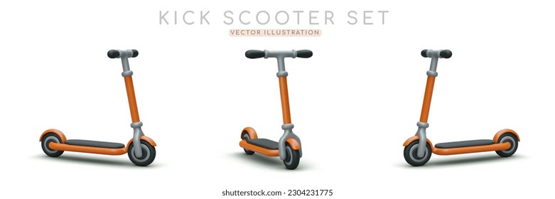 Set of 3D kick scooters. Front and side view. Modern ecological vehicles for moving around city. Urban transport for adults and children. Illustrations for web design, advertising banners
