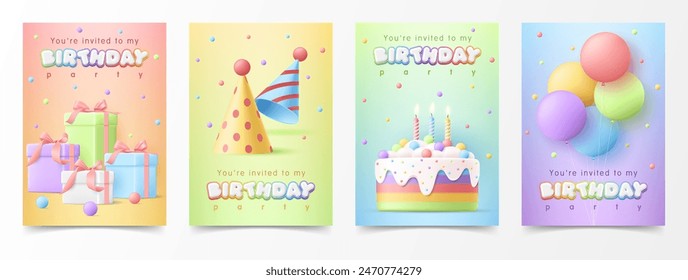 Set of 3d kid birthday invitation greeting card template. Birthday anniversary and kids party with cake, colorful balloon, gift box and party hat on rainbow background for children poster, wallpaper