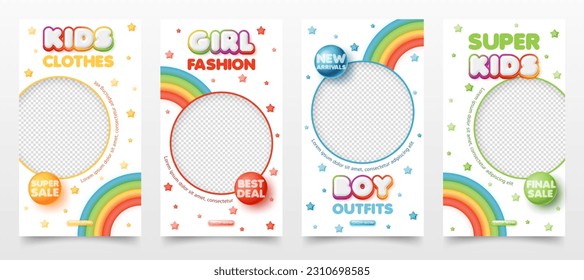 Set of 3d kid sale fashion banner template. cute baby sales promotion with rainbow balloon background for baby clothes toy online shop, store, advertisement, flyer, web and social media post