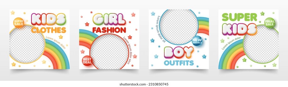 Set of 3d kid sale fashion banner template. cute baby sales promotion with rainbow balloon background for baby clothes toy online shop, store, advertisement, flyer, web and social media post