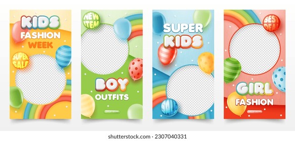 Set of 3d kids fashion sale banner template. baby clothes, toy with rainbow and balloon on colorful background for baby clothes toy online shop, store, advertisement, flyer, web and social media post