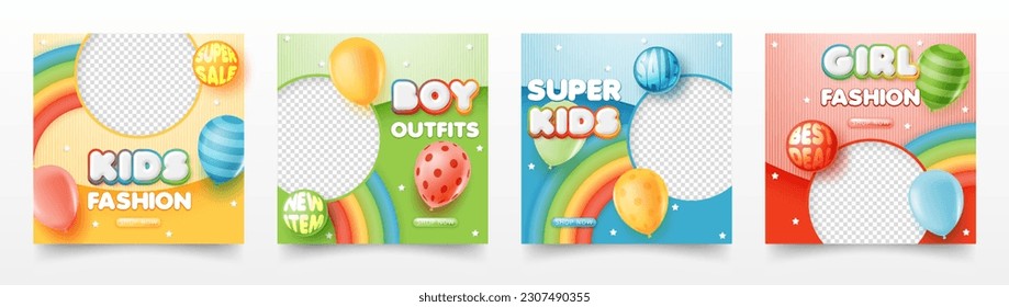 Set of 3d kids fashion sale banner template. baby clothes, toy with rainbow and balloon on colorful background for baby clothes toy online shop, store, advertisement, flyer, web and social media post