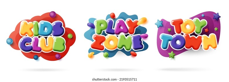 Set of 3d kids zone badge, Colorful play room logo, fun game zone label, educational kids playroom and kid birthday party banner. Children cartoon toy background. vector illustration