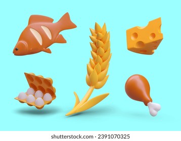 Set of 3D labeling for edible products. Fish, eggs, wheat, meat, cheese. Isolated vector color illustration. Dairy, grain, meat, egg, fish dishes. Templates for grocery store categories