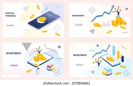 Conjunto de plantillas de página de inicio 3d para inversiones, ingresos de cartera, ganancias de capital, ahorro de dinero, análisis financiero y situación de seguridad. Páginas web de fintech, pago digital, finanzas digitales, transferencia