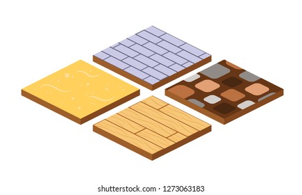 Set Of 3d Landscape Design Tiles With Different Surfaces Of The Earth - Sand, Wood, Tile, Stone. Elements To Create A Road Surface, Or The Base Of A Map. Isometric Vector, City Constructor.