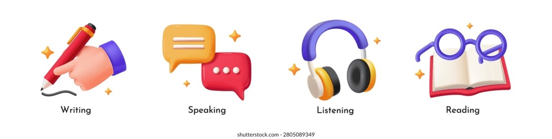 Set of 3D language learning icons for writing, speaking, listening and reading on white background. Vector illustration