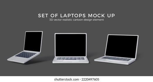 Set of 3D laptop mock up. Realistic render of opened silver laptop with black screens. Modern gadgets for business banners in different views. Vector illustration