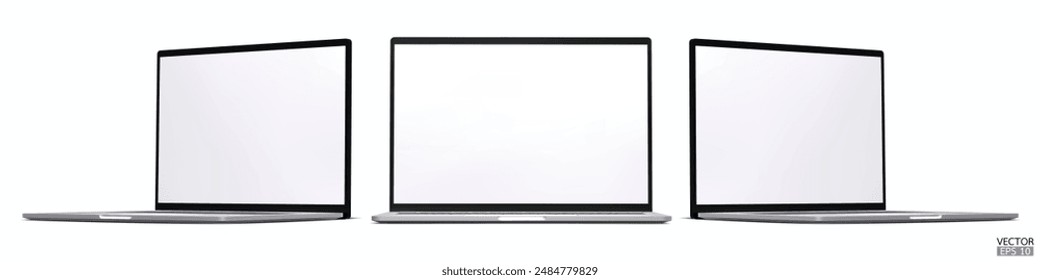 Set of 3d laptops from different angles isolated on white background. Realistic Laptop silver color mockup with blank screen display. 3D vector illustration.
