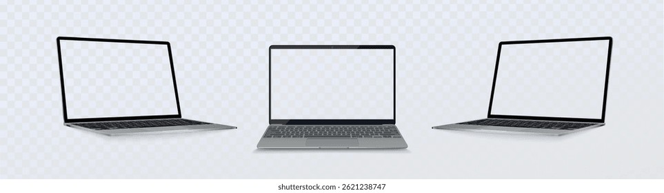 Set of 3d laptops from different angles isolated on white background. Realistic Laptop silver color mockup with blank screen display. 3D vector illustration.