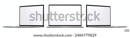 Set of 3d laptops from different angles isolated on white background. Realistic Laptop silver color mockup with blank screen display. 3D vector illustration.
