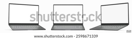 Set of 3d laptops from different angles isolated on white background. Realistic Laptop black color mockup with blank screen display. 3D vector illustration.
