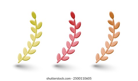 Set of 3D laurel branches of different colors. Decorative holiday elements