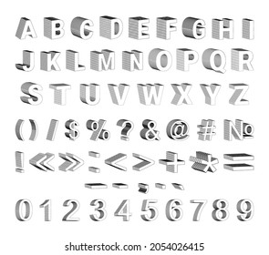 Conjunto de letras 3d, números y signos de puntuación. Alfabeto construido.