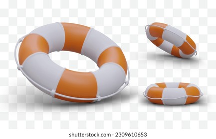 Set of 3D lifebuoys with shadows. Isolated realistic images. Striped lifebuoy from different sides. Bright illustration, symbol of salvation. Rescue device for drowning