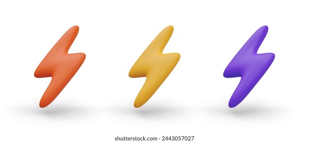 Set of 3D lightning bolts of different colors. Isolated vector zigzag flashes