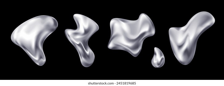 Set of 3D liquid metal chrome abstract shapes on a black background. Vector stock illustration.