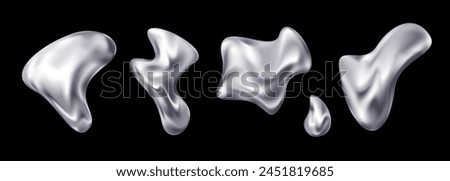 Set of 3D liquid metal chrome abstract shapes on a black background. Vector stock illustration.