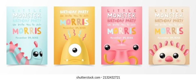 Set of 3d little cute monster invitation greeting birthday party card template, Cartoon character drawings. Baby collection, Kids party, backdrop, wallpaper. Monsters vector illustration