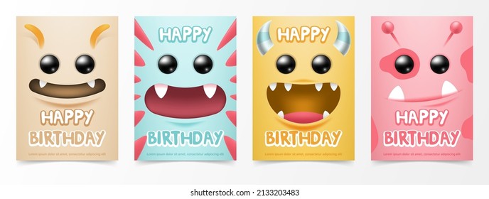 Set of 3d little cute monster birthday greeting card, Cartoon character drawings. Baby collection, Monsters with happy birthday gifts, Kids party invitation and friendly monster. Vector illustration