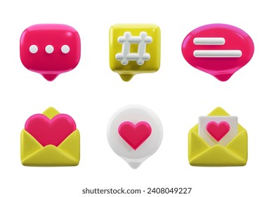 Set 3d love chat bubble icon vector. Render illustration of pink color comment, letter with approval heart isolated on white background. Modern cartoon design. Social media, chatting, dreaming concept