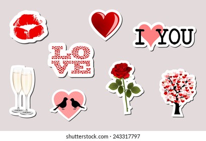 Set of 3d love object stickers. kiss lips, I love you, rose, red heart, birds... colorful sticky icon collection. retro design, white frame, vector art image illustration, isolated on gray background