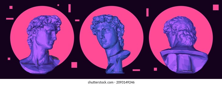 Set of 3D low poly bust statues on dark background. Vaporwave aesthetics style vecotr illustration.