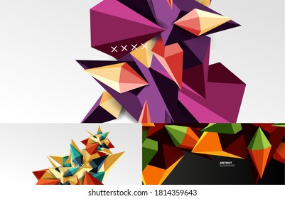 Set of 3d low poly geometric shapes abstract backgrounds