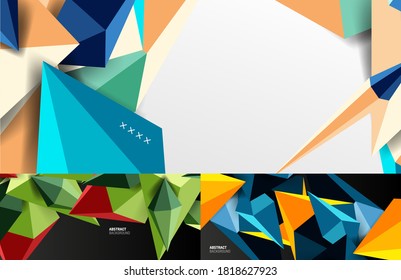 Set von dreidimensionalen geometrischen Formen in Low-Poly-Form, abstrakte Hintergründe