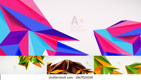 Set of 3d low poly style geometric shape on light backgrounds