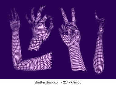 Set of 3D low-poly hand models made of polygonal wireframe. Collection of futuristic style illustrations.