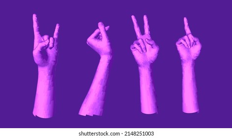 Set of 3D low-poly hand models made of polygonal wireframe. Futuristic style illustration.