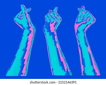 Set of 3D low-poly hand models made of polygonal wireframe. Collection of futuristic style illustrations.