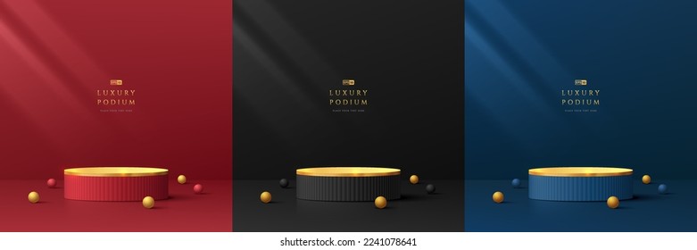 Set of 3D luxury background with red, golden, blue and black realistic cylinder pedestal podium. Abstract vector rendering geometric forms. Mockup product display. Minimal wall scene. Stage showcase.