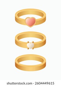 Set of 3d luxury golden ring with heart shape jewelry illustration