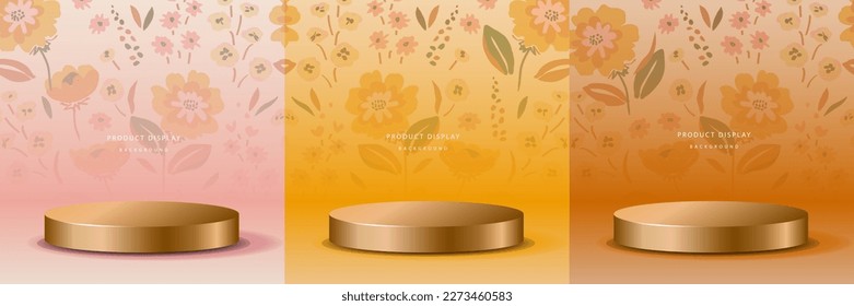 Set of 3D luxury retro flower background with realistic cylinder pedestal podium. Mockup product display. Stand to show cosmetic products. Minimal wall scene. Stage showcase.
