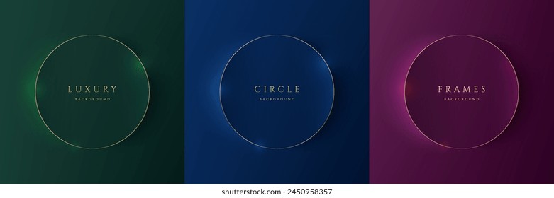 Set of 3D luxury round circles frames background. Dark blue, green and dark purple podium with golden stripes in top view design. Product display presentation with copy space. Vector minimal scene.