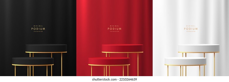 Set of 3D luxury round stand podium with golden easel legs and soft curtain background. Black, red, white luxury geometric forms. Abstract minimal mockup products display. Vector round stage Showcase.