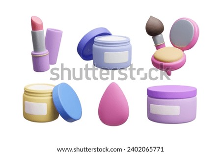 Set of 3D makeup beauty cosmetic product vector icons. Cute cartoon style colorful 3D skincare treatment: lipstick, facial moisturizer cream, makeup blender brush, foundation powder palette bundle.