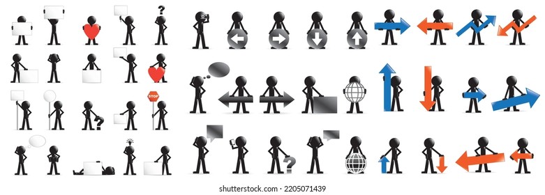 Set of 3d man with arrow and symbols (concept). Vector illustration.
