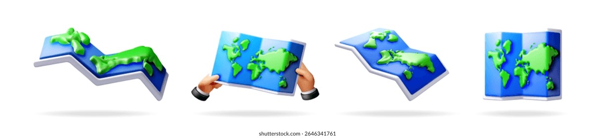 Set of 3d map illustrations with highlighted land areas and one man holding a global map. Travel and exploration concept.