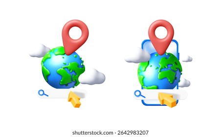 Conjunto de icono de pin de mapa 3d y globo con barra de búsqueda sobre fondo blanco. Elemento de Diseño web de búsqueda de viaje y ubicación.