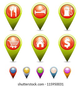 Set 3D Map Pointers with Icons - home, restaurant, hotel, gas station, basket store, isolated. Easily Change the Color
